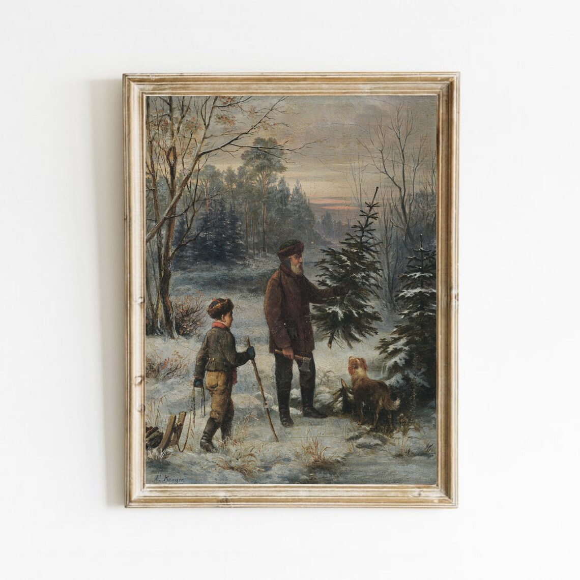 Vintage Christmas Tree Winter Landscape Art Print