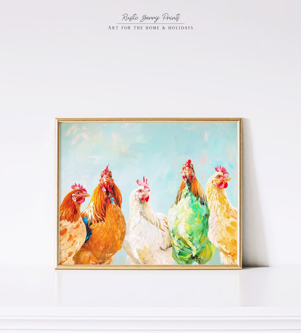 Five Colorful Chickens Row Blue Background Funny Farmhouse Art Poster