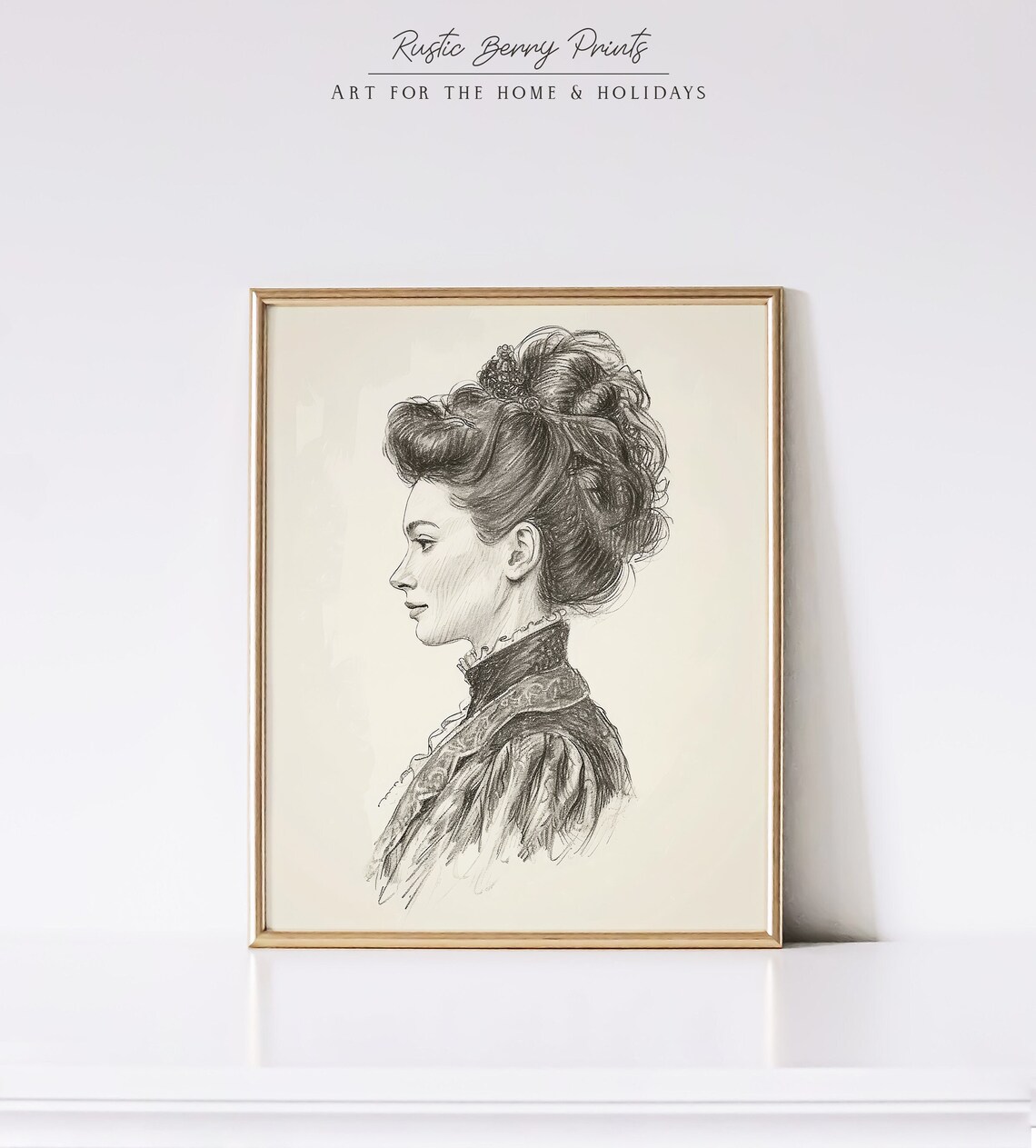 Victorian Woman Profile Pencil Sketch Elaborate Updo Vintage Portrait Print