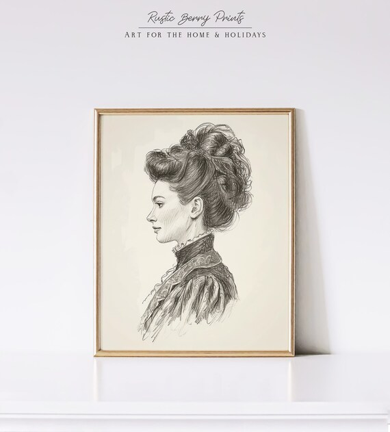 Victorian Woman Profile Pencil Sketch Elaborate Updo Vintage Portrait Print