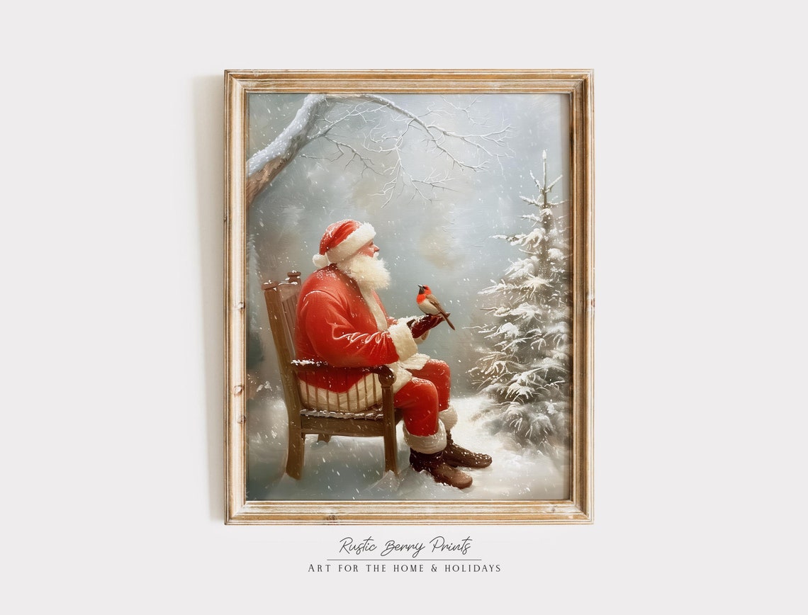 Santa Claus Holding Small Bird In Snowy Winter Scene Vintage Art Print