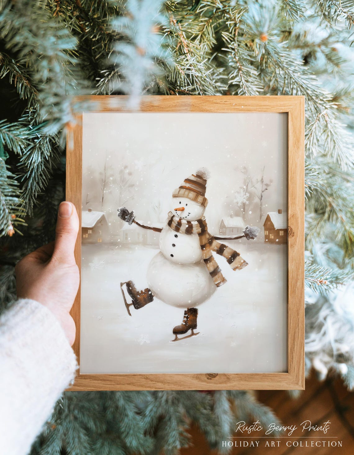 Ice Skating Snowman Striped Scarf Winter Village Snow Art Print