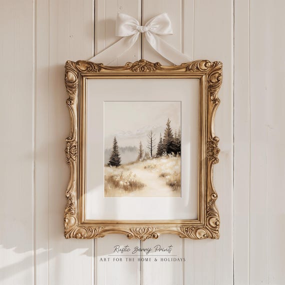 Mountain Landscape Painting Wall Art Vintage Print Warm Tones Cottagecore Rustic Art