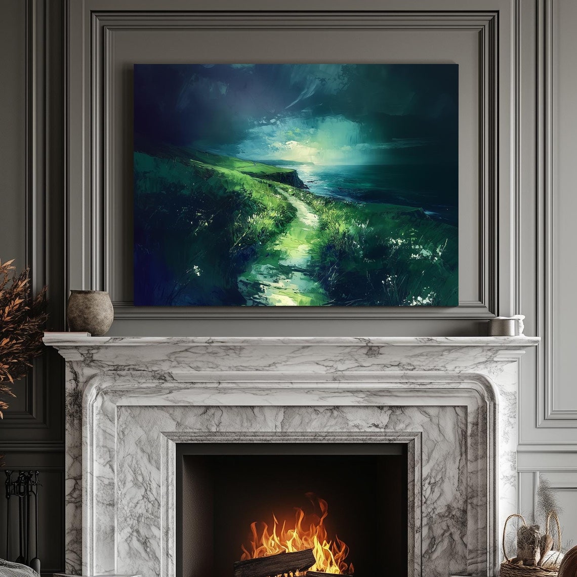 Moody Green Cliffs Over the Sea With Misty Evening Light Poster