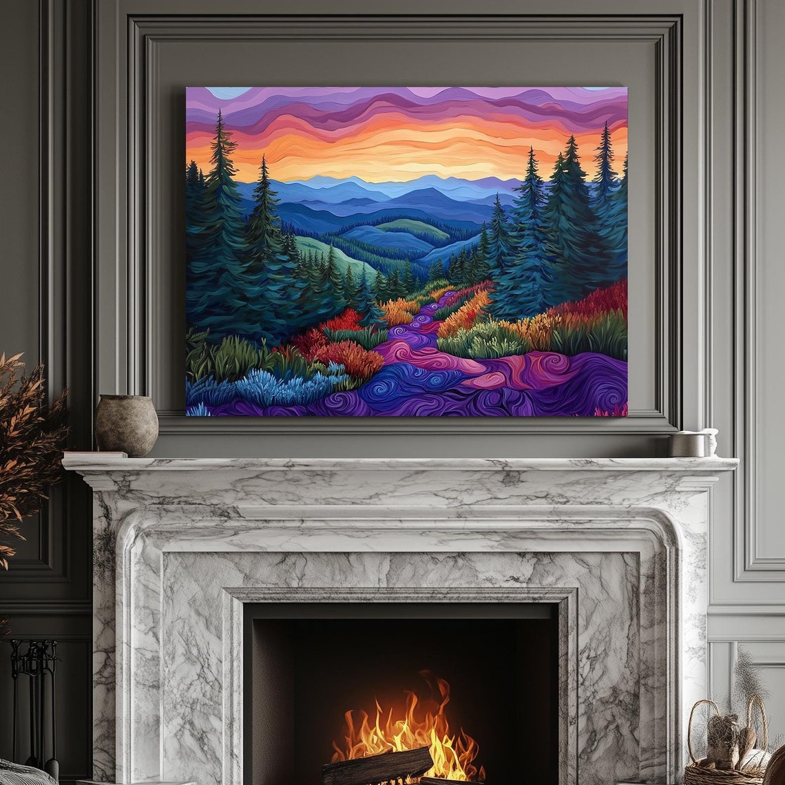 Vivid Sunset Over Layered Mountain Peaks With Wildflower Meadow Poster