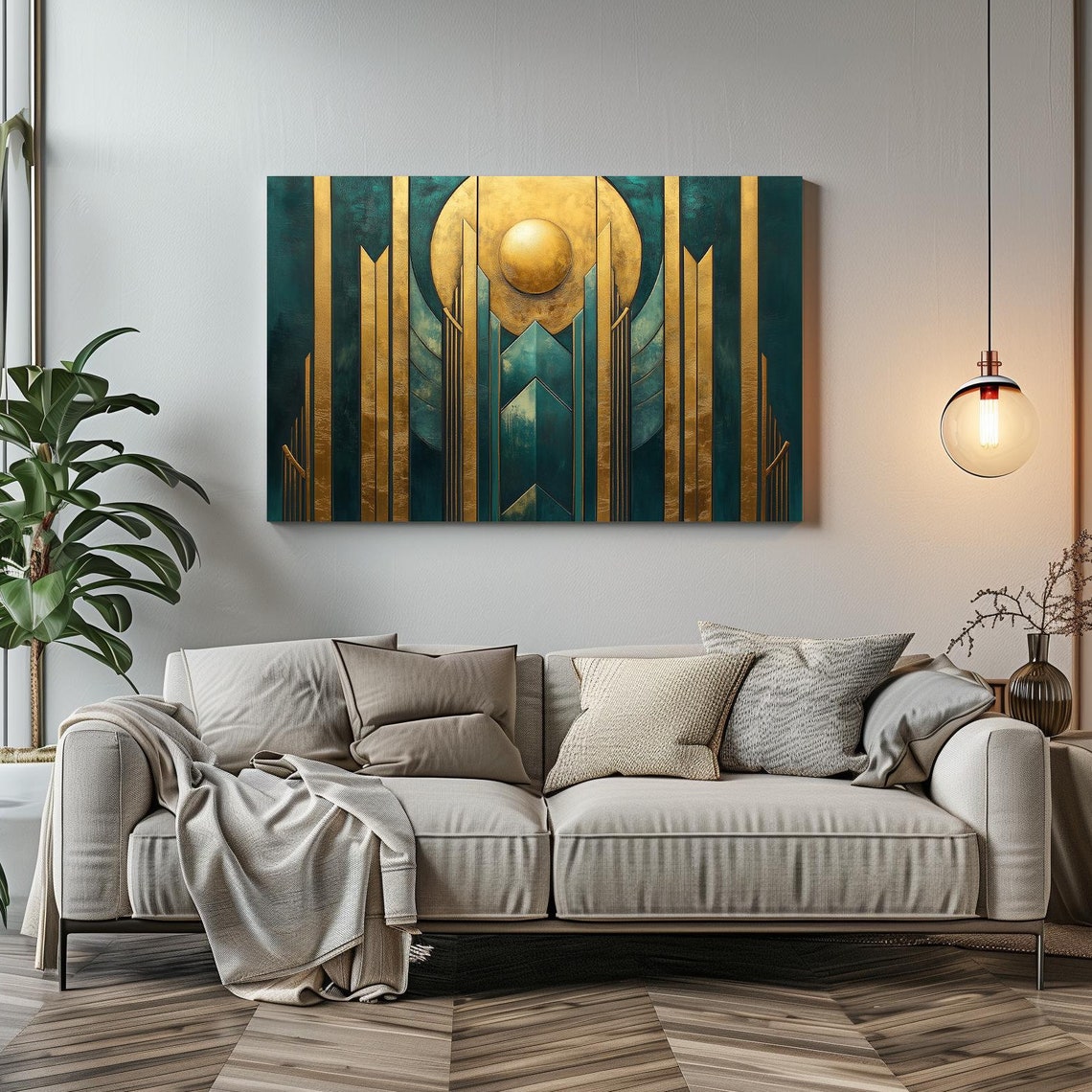 Golden Sun Over Teal Art Deco Skyscrapers Geometric Wall Art