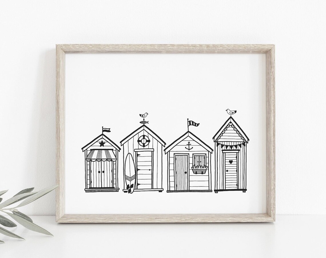 Beach Huts Black And White Line Art, Coastal Decor
