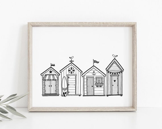 Beach Huts Black And White Line Art, Coastal Decor