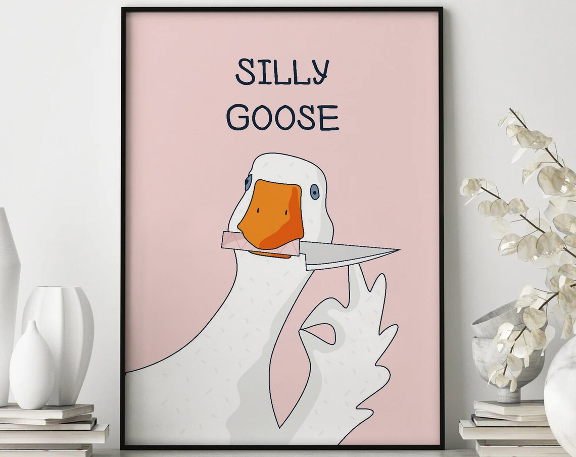 Silly Goose Funny Knife Cartoon Cute Pink Meme Animal Poster