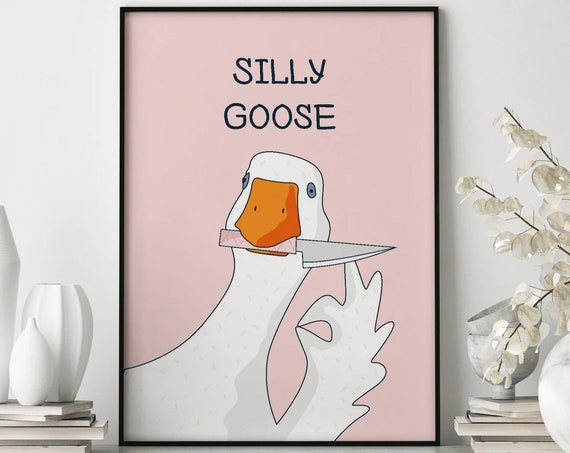 Silly Goose Wall Art Cute Goose Poster Goose With Knife Print Animal Poster Retro Print Trendy Print Funny Goose Print