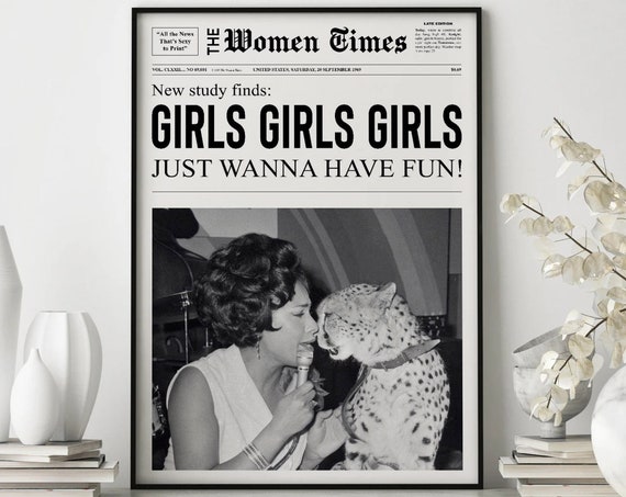 Girls Girls Girls Print Newspaper Print Girl Dorm Room Art Girls Having Fun Print Black And White Print Bar Cart Art Fashion Print