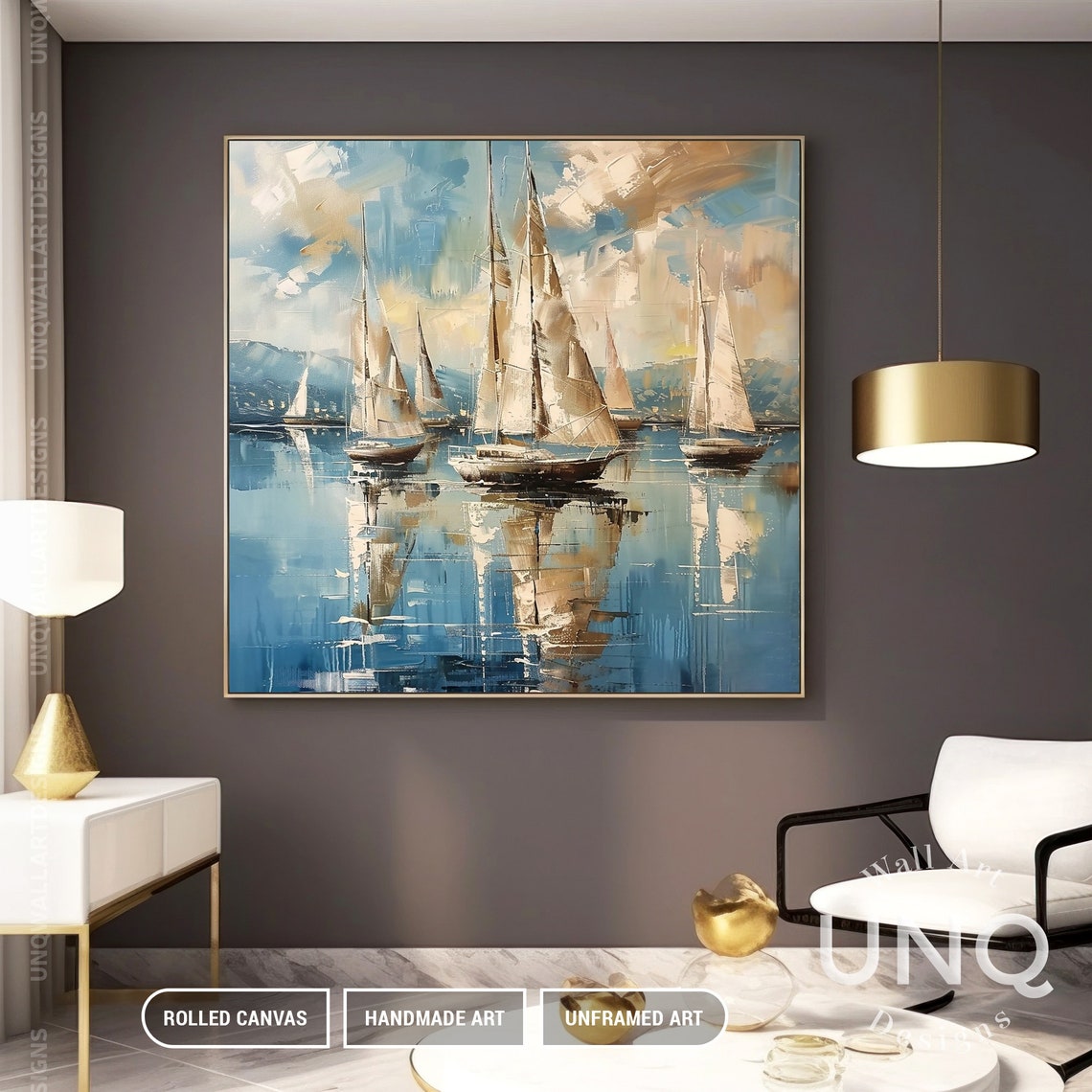 Original Nautical Sailboat Oil Painting On Extra Large Blue Ocean Wall Decor Master Bedroom Sail Harbor Wall Painting Gift - Image 5