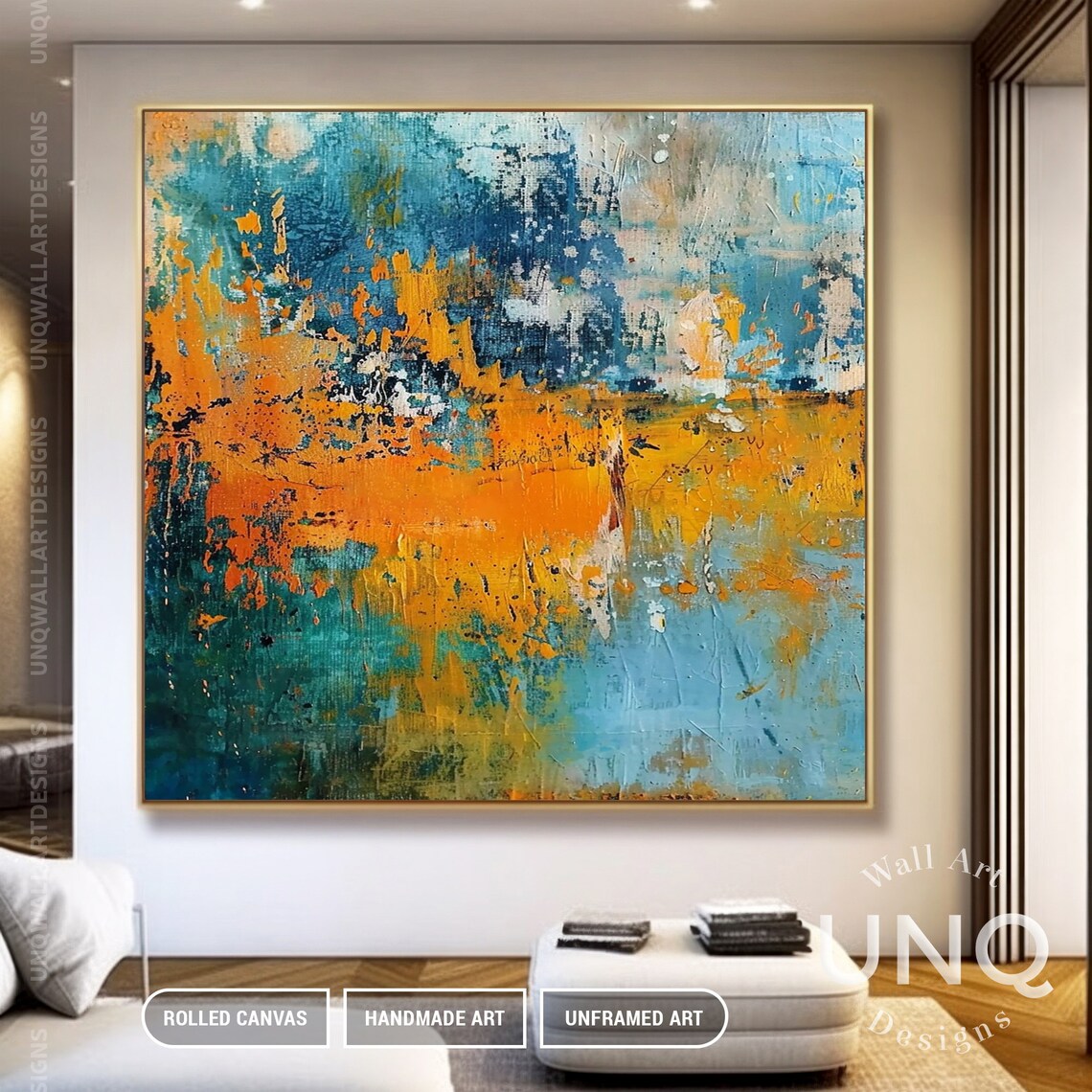 Original Hand Painted Blue Orange Wall Art Vertical Stylish Blue Decoration Gift Rustic Teal Blue Decor Idea Contemporary Wall Art - Image 2