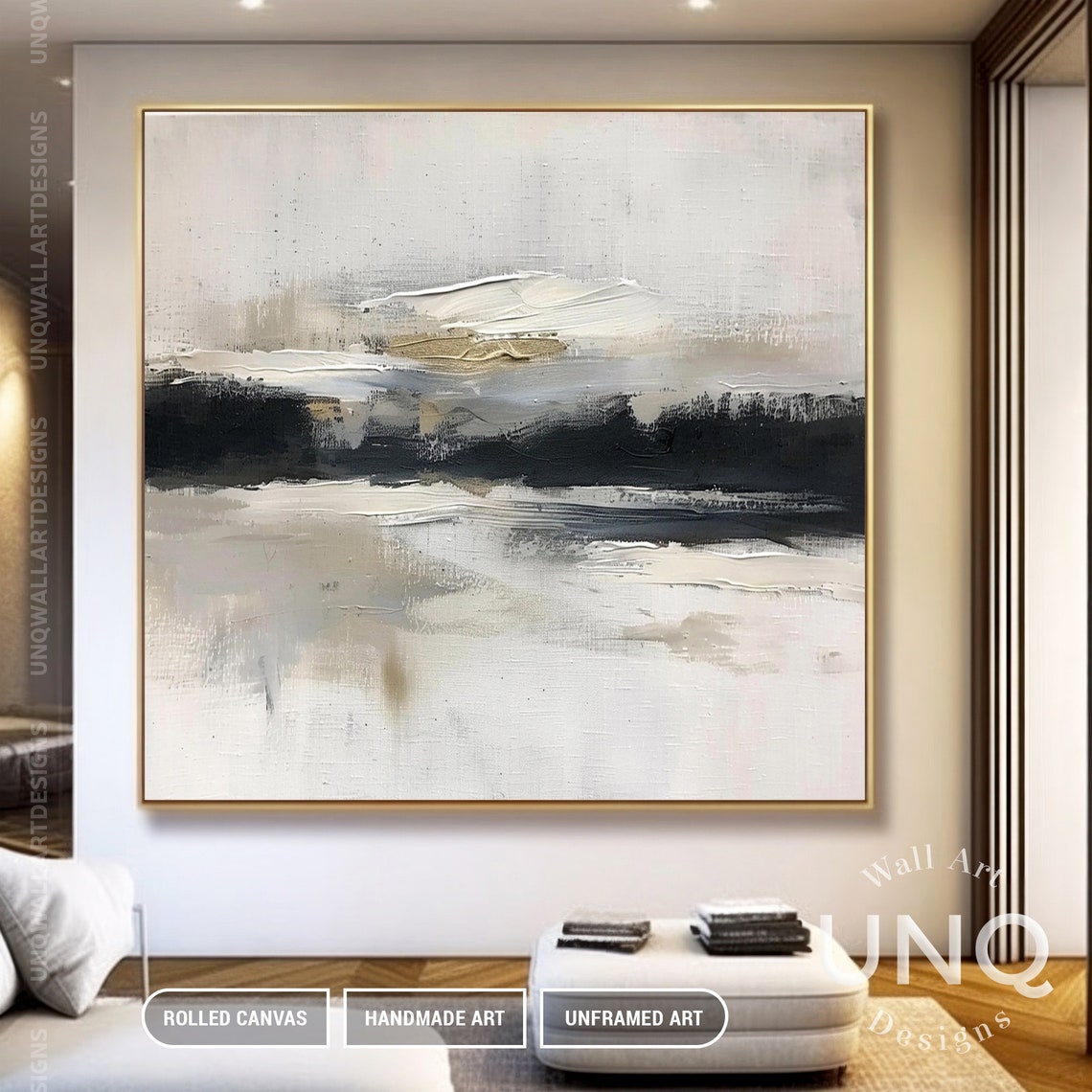 Beige Horizon And Black Band Minimalist Wide Modern Abstract Poster - Image 4