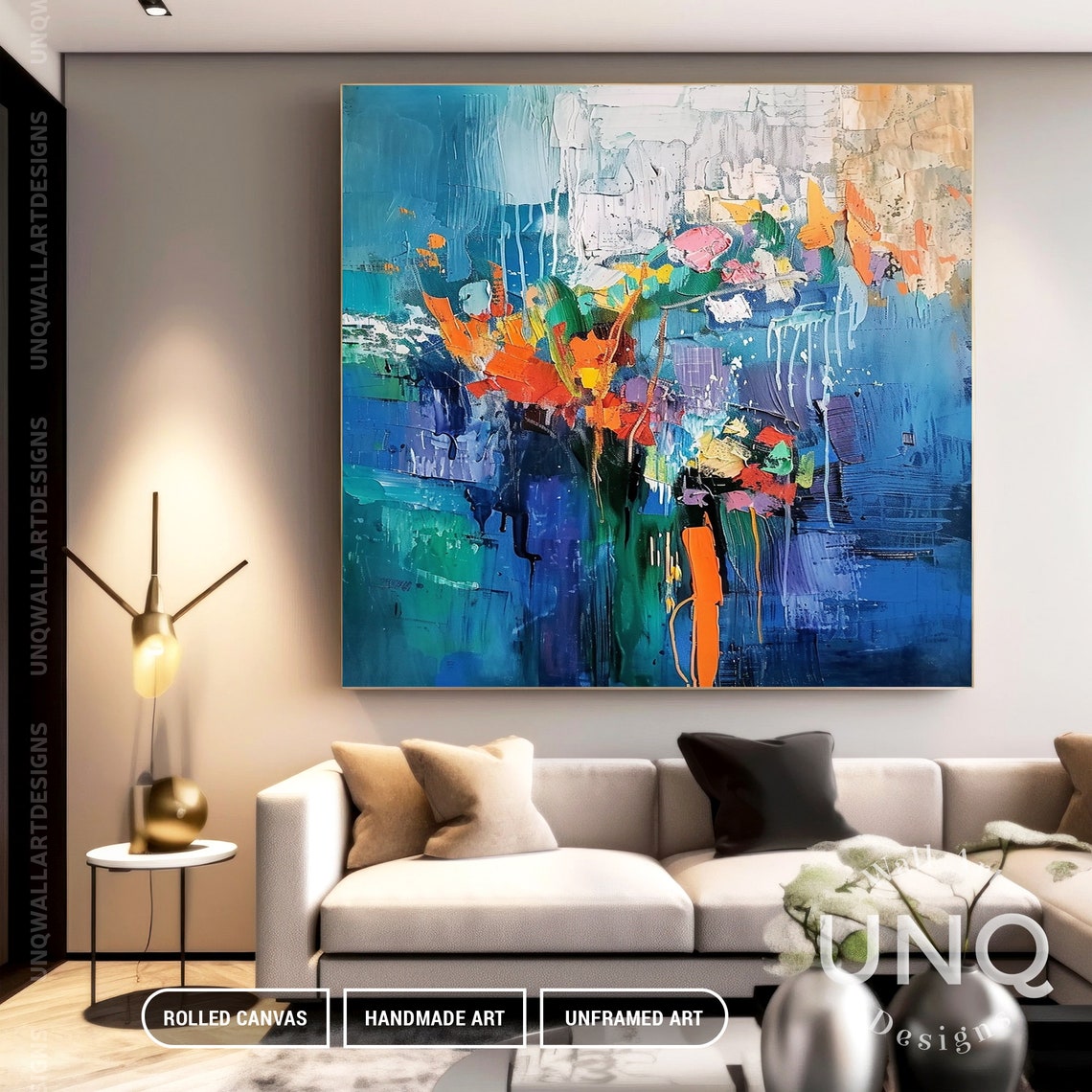 Orange Red Bouquet On Blue Vase Abstract Modern Floral Art Poster - Image 5
