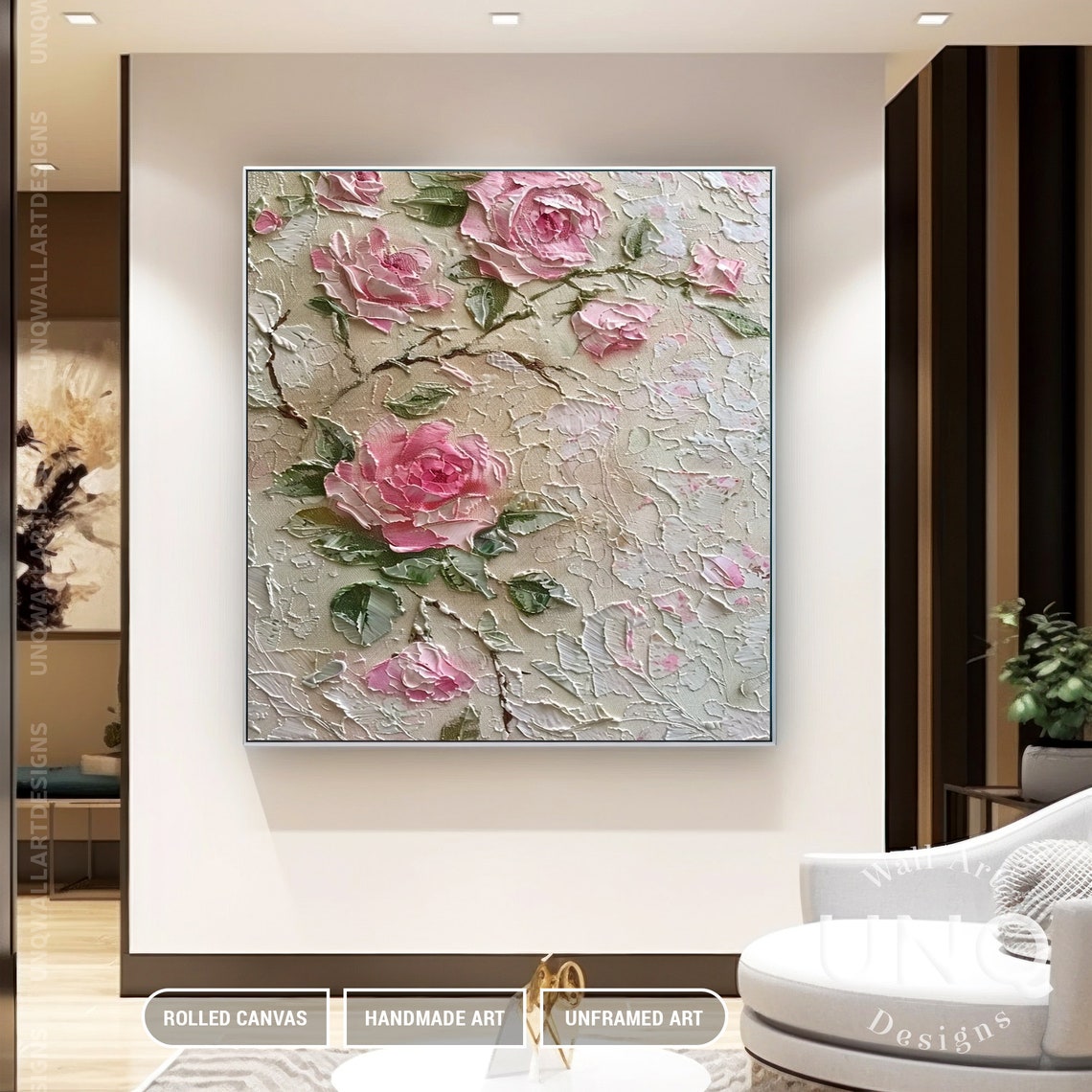 Pink Roses On Cream 3D Textured Embossed Floral Painting Art Poster - Image 3