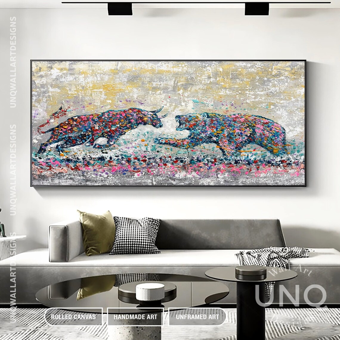 Colorful Bull Vs Bear Abstract Painting Stock Market Finance Decor Poster - Image 3