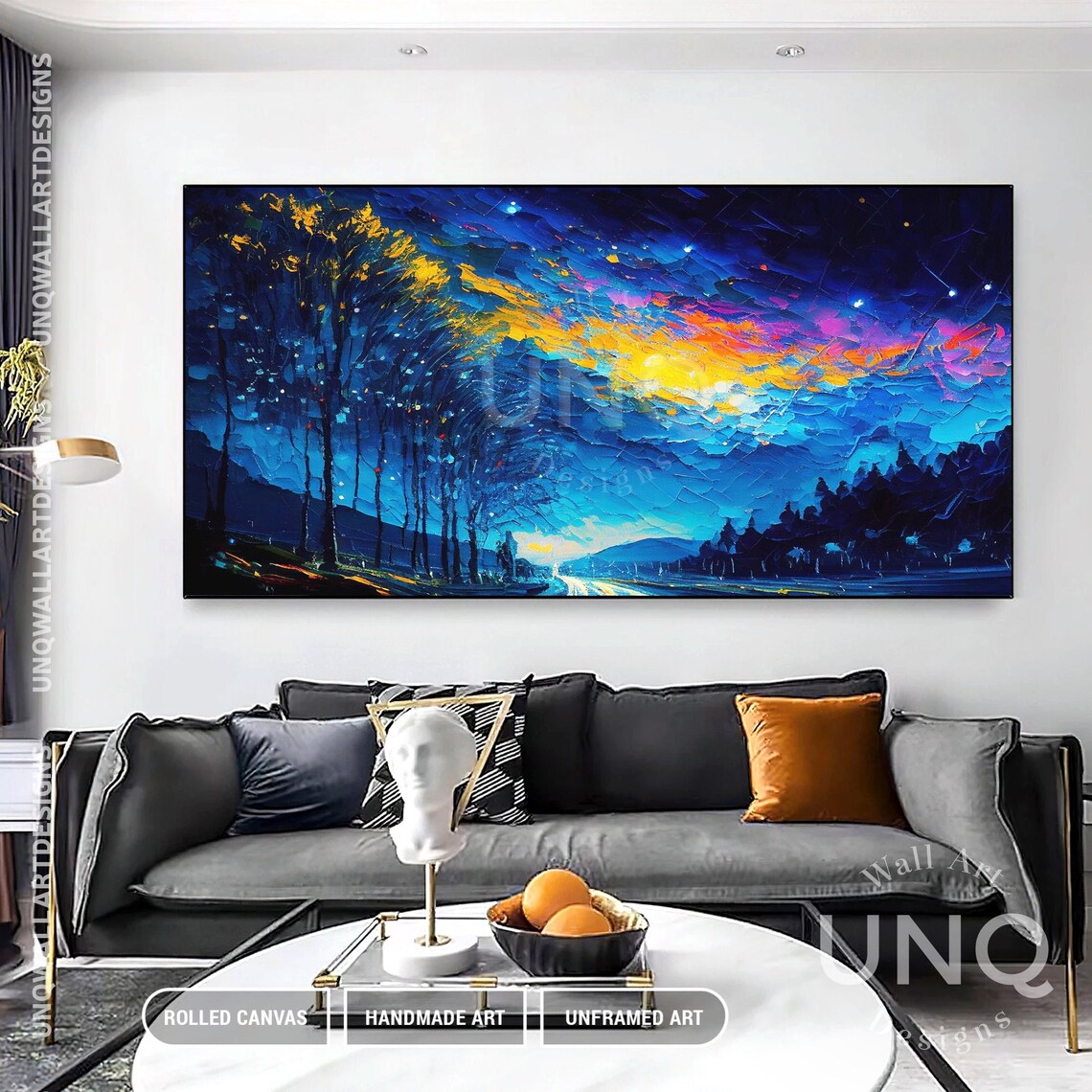 Abstract Tree With Blue Sparkle Sky Oil Painting Night Sky Landscape Acrylic Art Beautiful Night Landscape Artwork Impressionism Decor - Image 5
