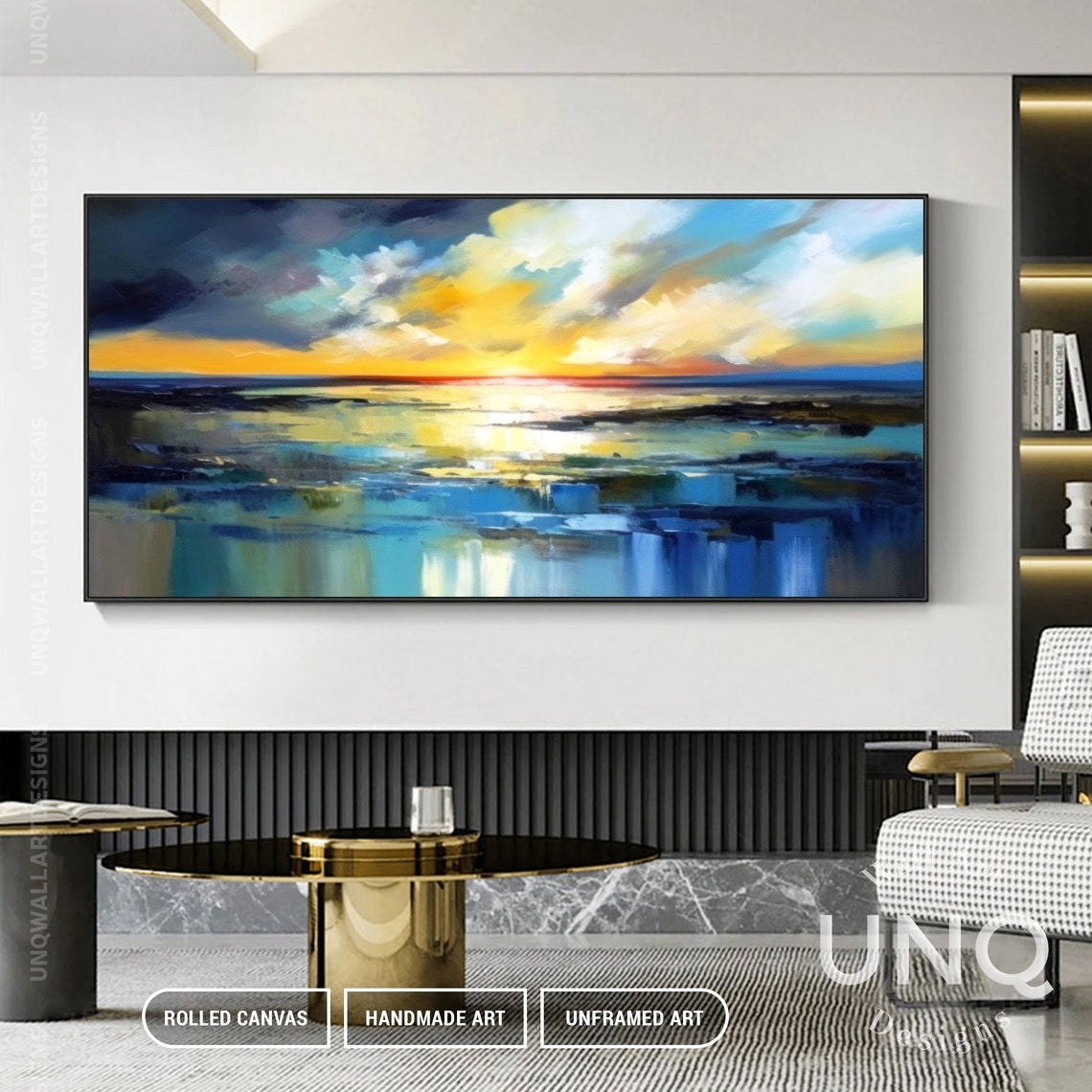 Dramatic Sunset Seascape Painting Golden Clouds Over Blue Sea Poster - Image 5
