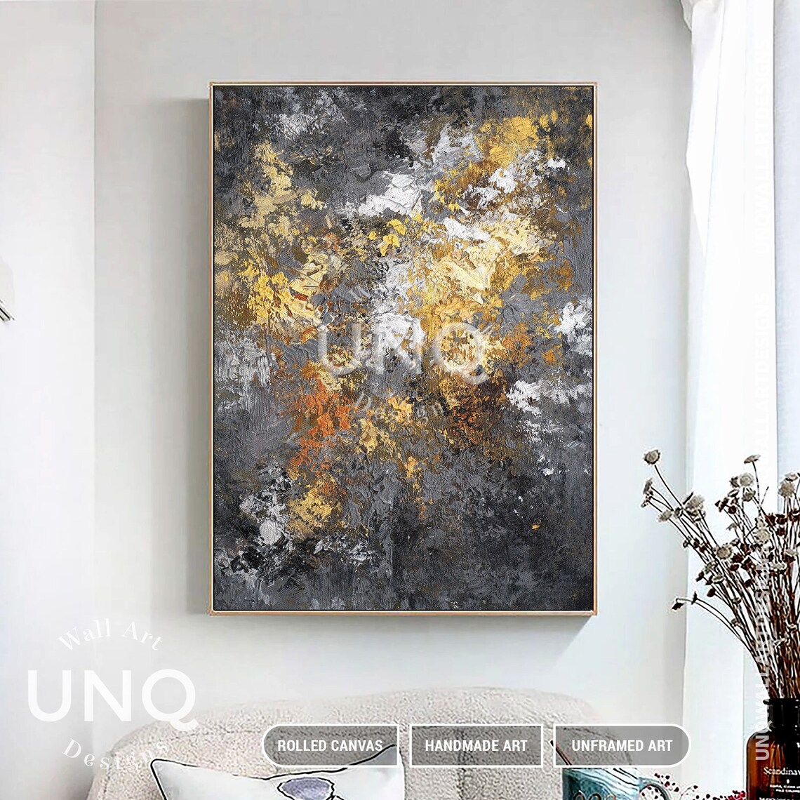 Gold Foil Original Wall Art Abstract Painting Gray Black Gold Original Palette Knife Painting Hand Painted Textured Abstract Wall Decor - Image 2