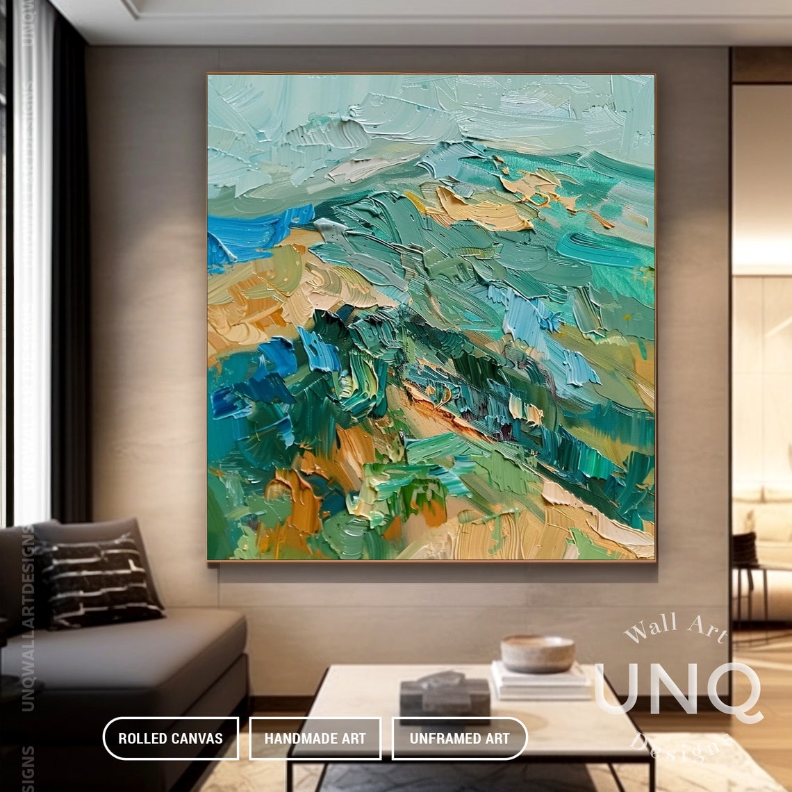 Green Blue And Gold Impasto Mountain Modern Landscape Painting Poster - Image 6