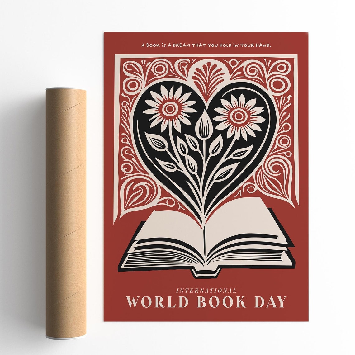 International World Book Day Heart Floral Open Book Art Poster