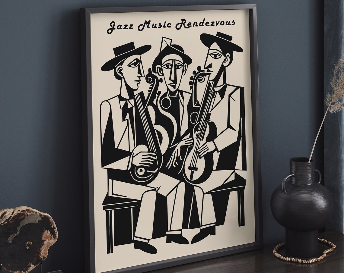 Jazz Music Rendezvous Black and White Cubist Jazz Trio Poster - Image 5