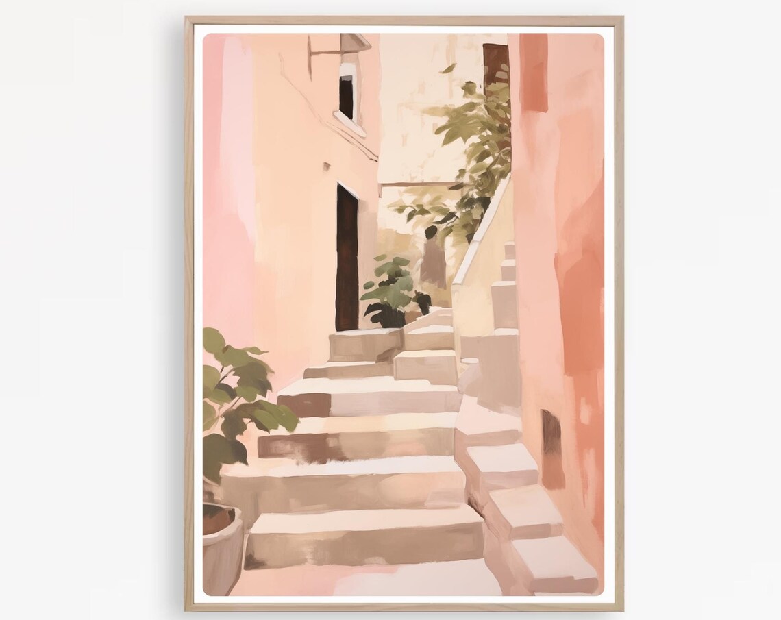 Pink Mediterranean Village Stone Stairs Pastel Painting Art Poster