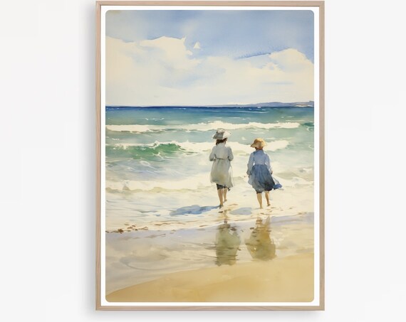 Two Girls At The Seaside Vintage Watercolor Beach Painting Art Poster
