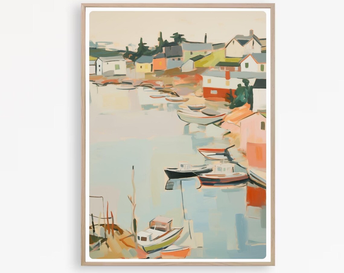 Colorful Harbor Painting New England Art Print
