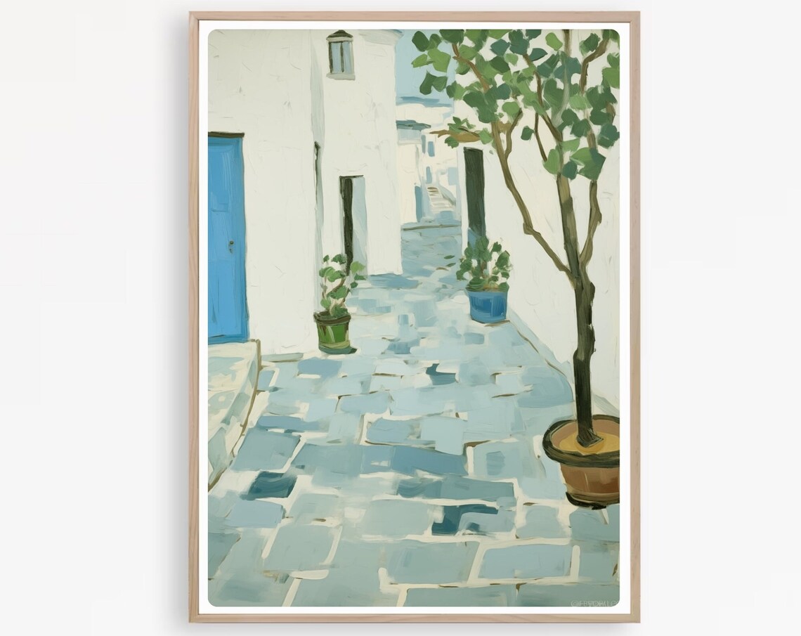 Paxos Greek Island Whitewashed Alley Blue Door Coastal Wall Art