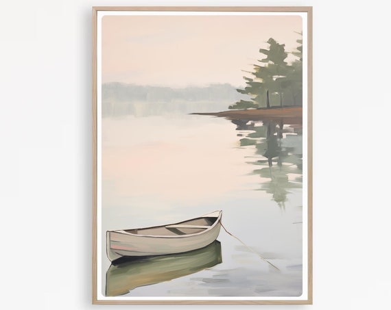 Lake Print Row Boat Painting Watercolor Scenery Wall Art