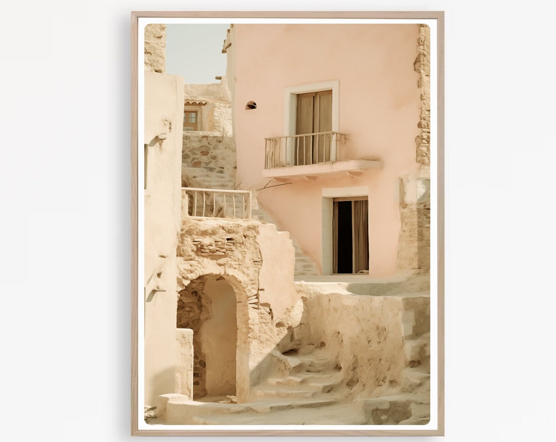 Pink Mediterranean Village Stone Steps Sunlit Tuscan Wall Art