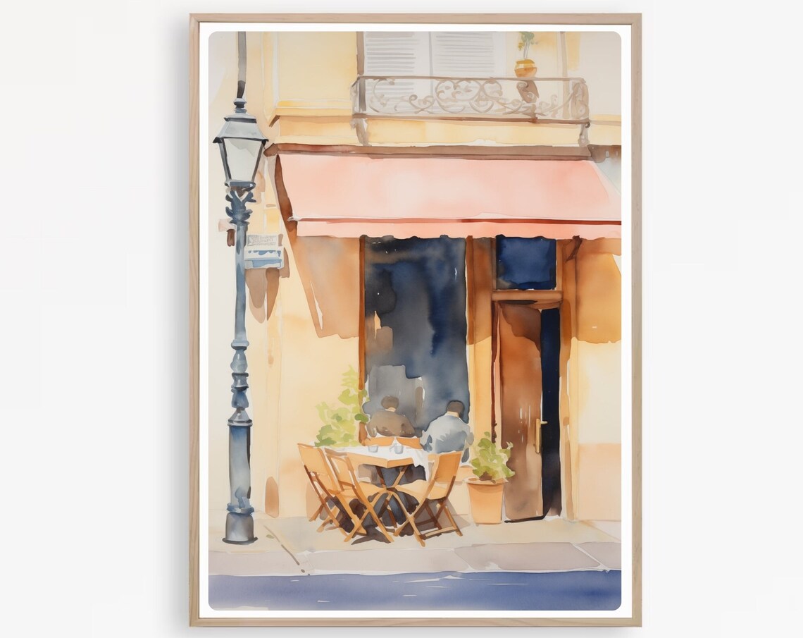Parisian Bistro With Pink Awning Watercolor French Art Poster