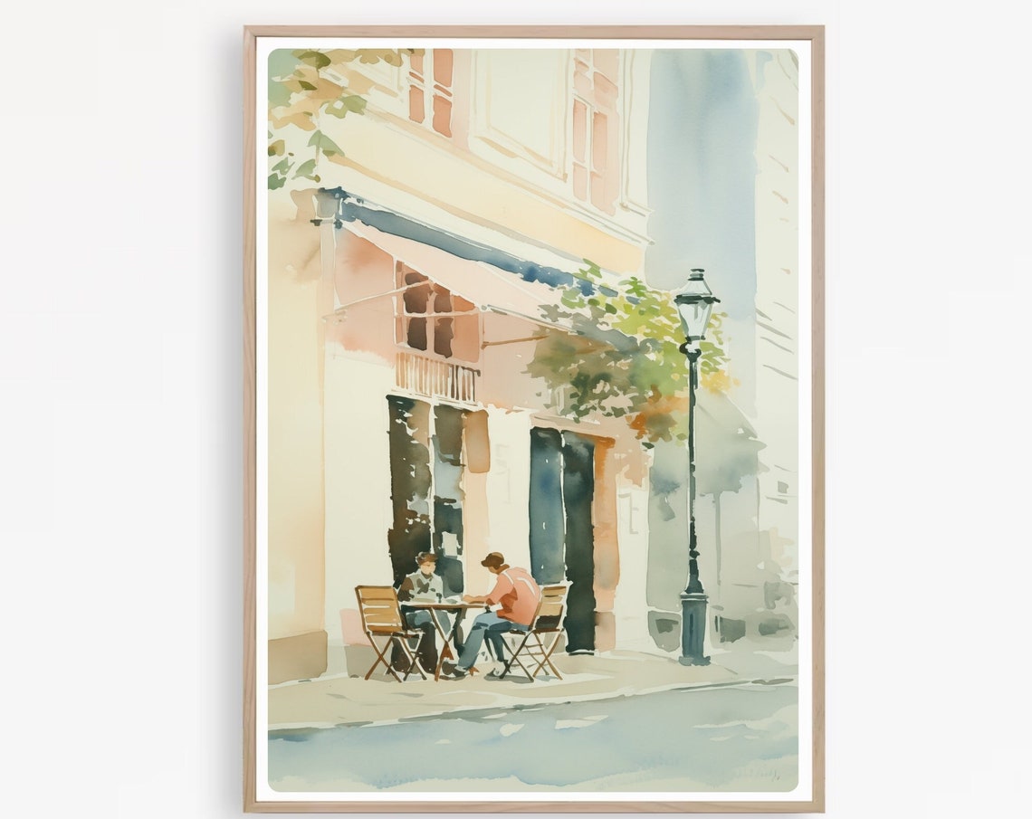 Paris Cafe Watercolor Couple Sidewalk Table Lamp Post Poster