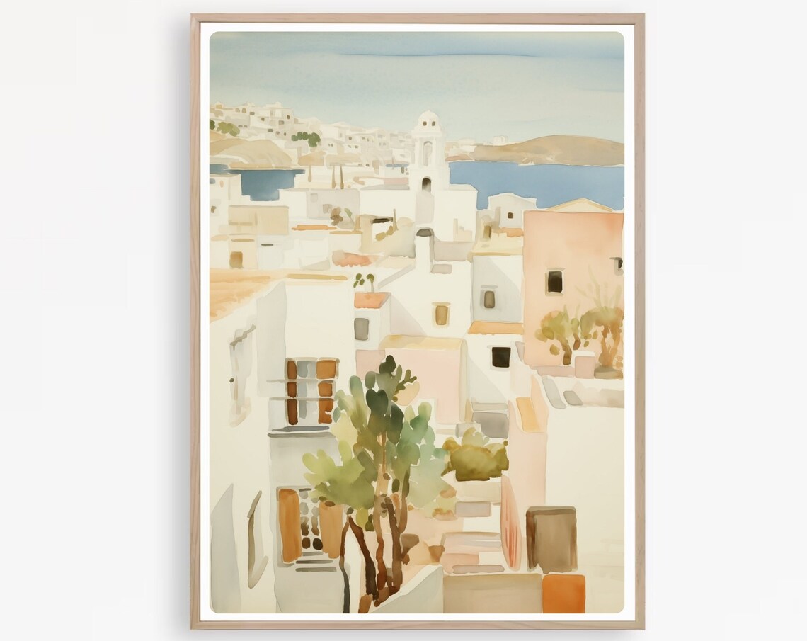 Mykonos Whitewashed Village Watercolor Aegean Greece Travel Poster