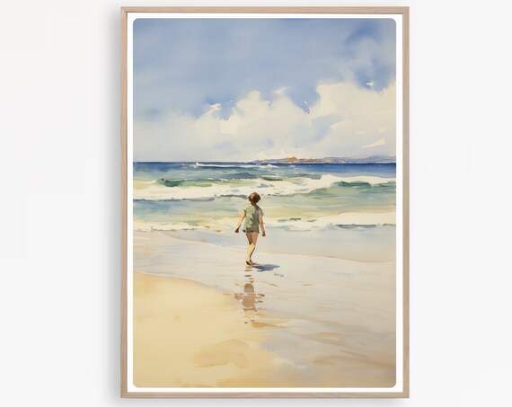 Boy Walking Into Ocean Waves Vintage Watercolor Beach Scene Poster