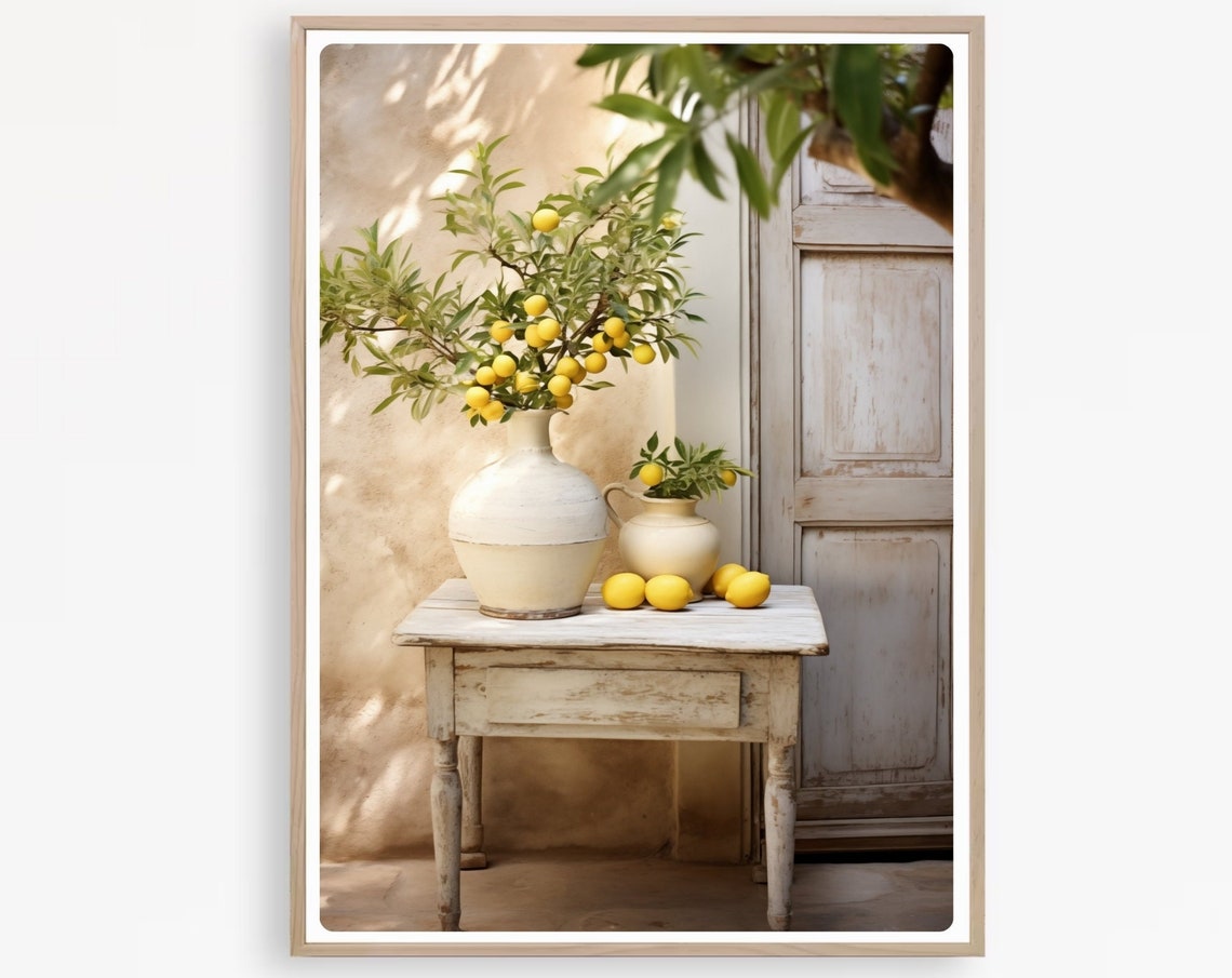 Lemon Branches In White Vessels Mediterranean Still Life Poster