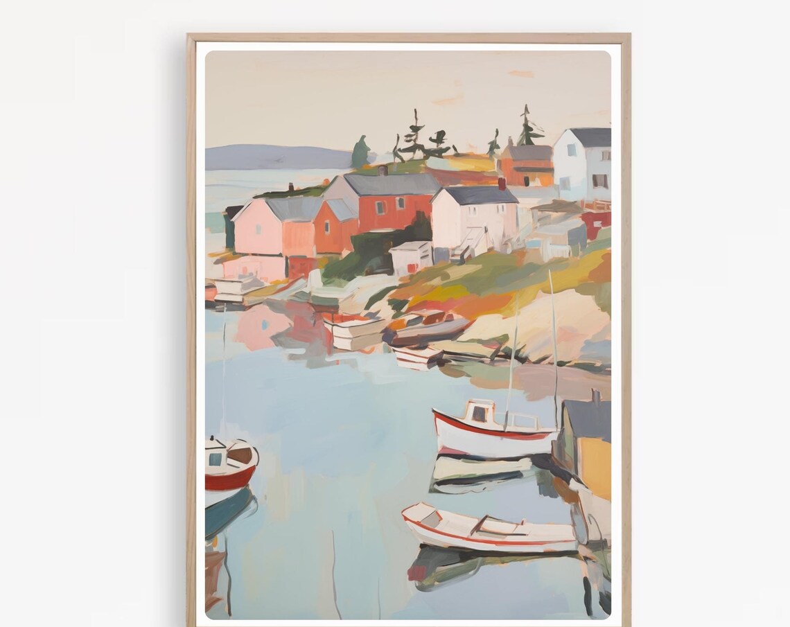 Scottish Fishing Village Harbor Boats Pastel Painting Poster