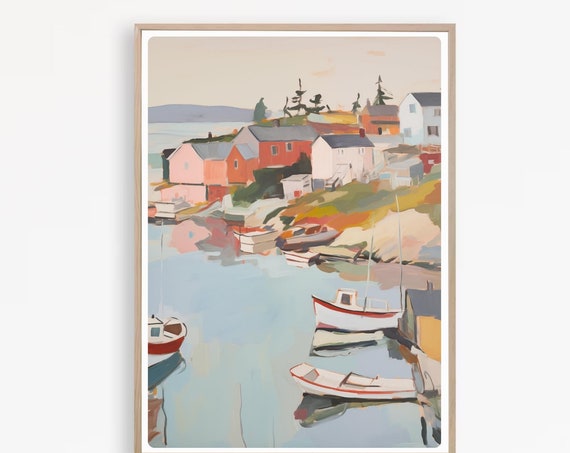 Scotland Fishing Village Print Harbor Painting Scottish Coastal Wall Art