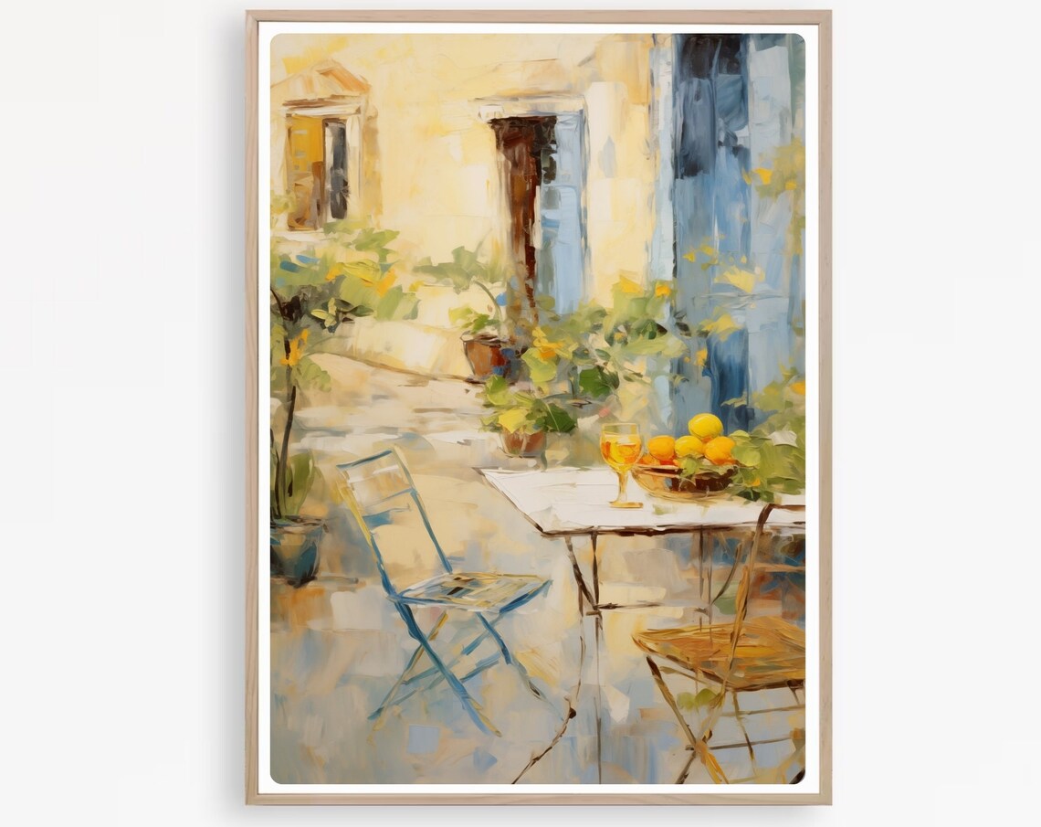 Sunny Courtyard Cafe With Lemons Impressionist Painting Art Poster