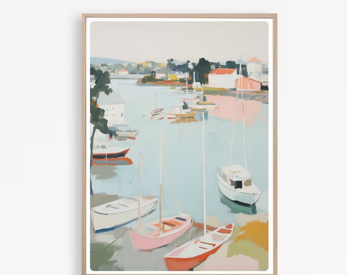 New England Harbor Sailboats Retro Coastal Boats Painting Poster