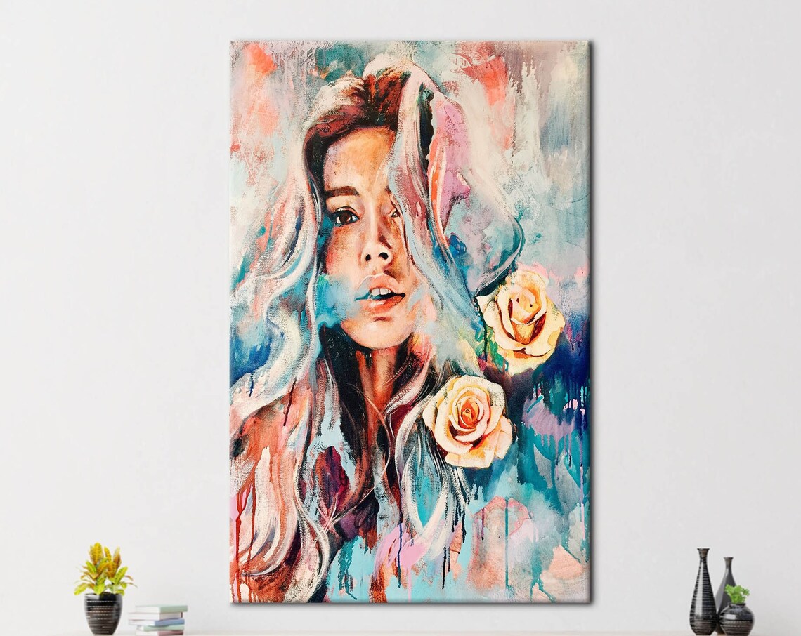 Abstract Colorful Woman Portrait With Roses Watercolor Art Poster