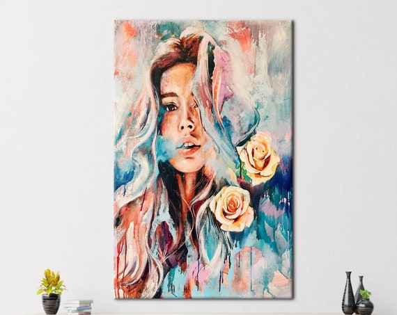 Rose Art Canvas Woman Colorful Girl Wall Decor Abstract Floral Flower