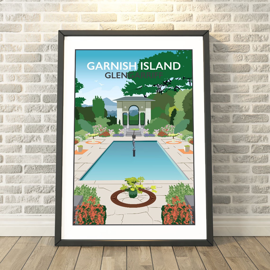 Garnish Island Glengarriff Formal Pool Garden Retro Travel Poster