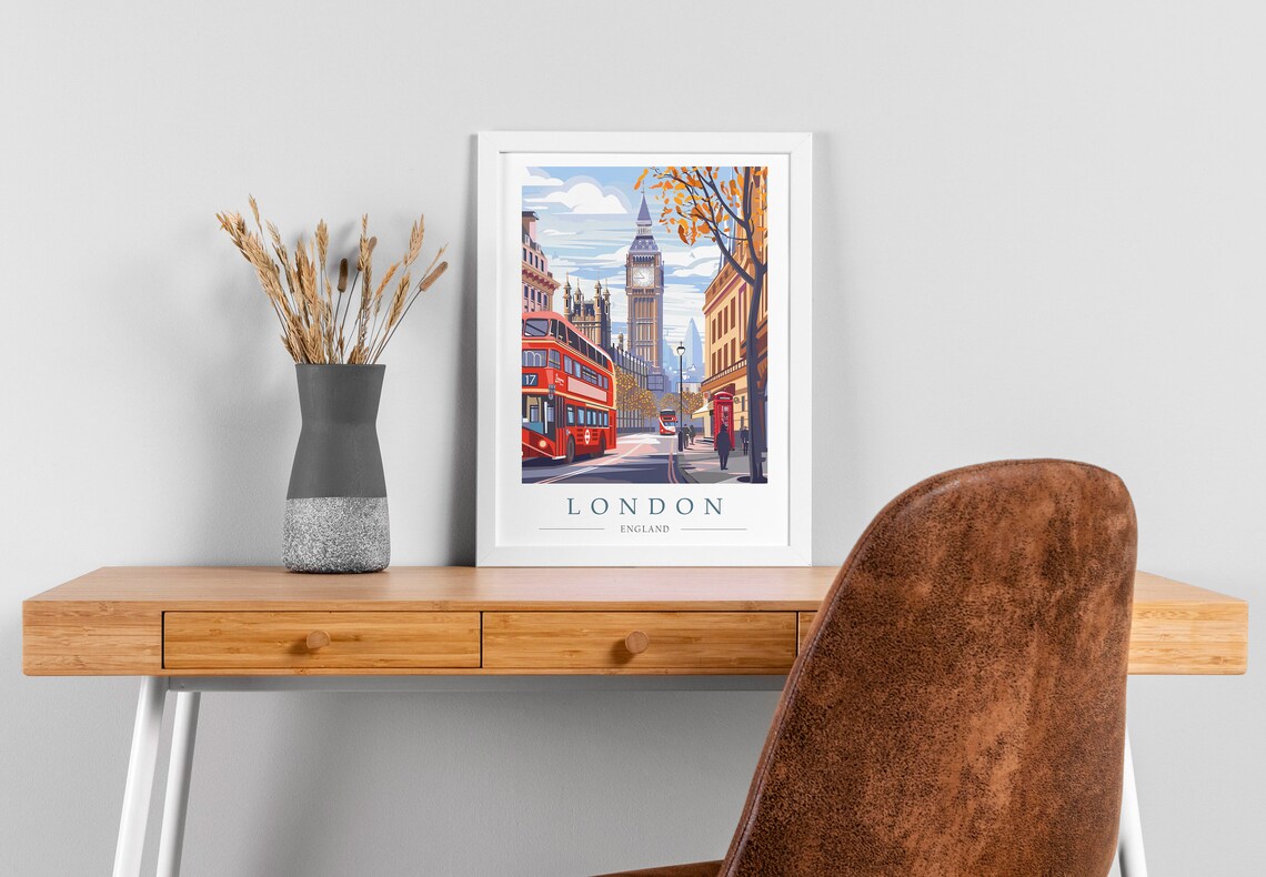 London Travel Poster, Big Ben and Red Bus Art Print - Image 2