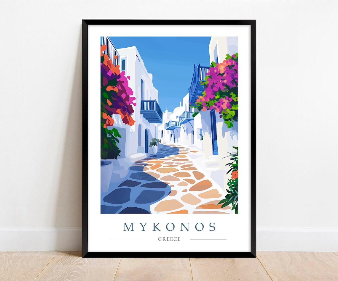 Mykonos Greece Whitewashed Alley Bougainvillea Travel Poster