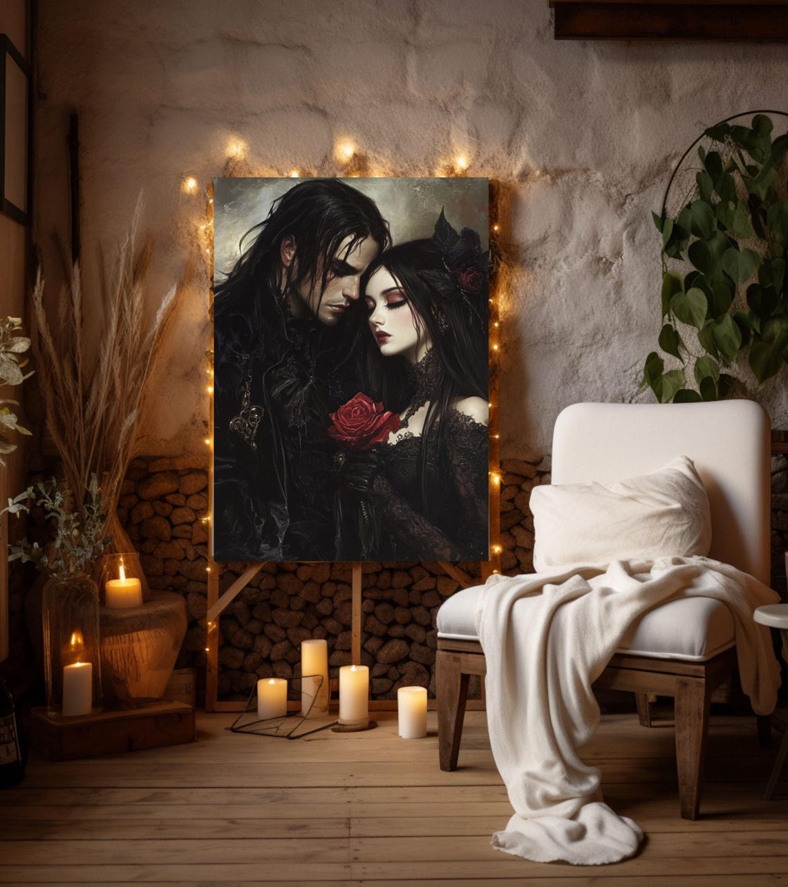 Dark Gothic Couple with Red Rose Romantic Dark Academia Art Poster