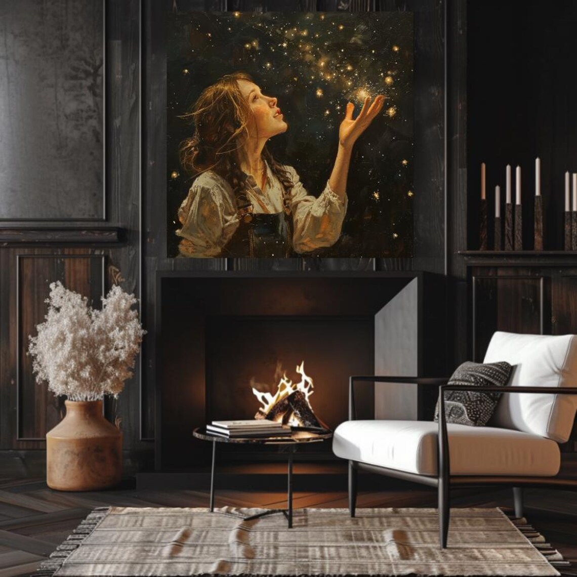 Mystical Woman Reaching for Golden Stardust in Night Sky Art Poster - Image 3