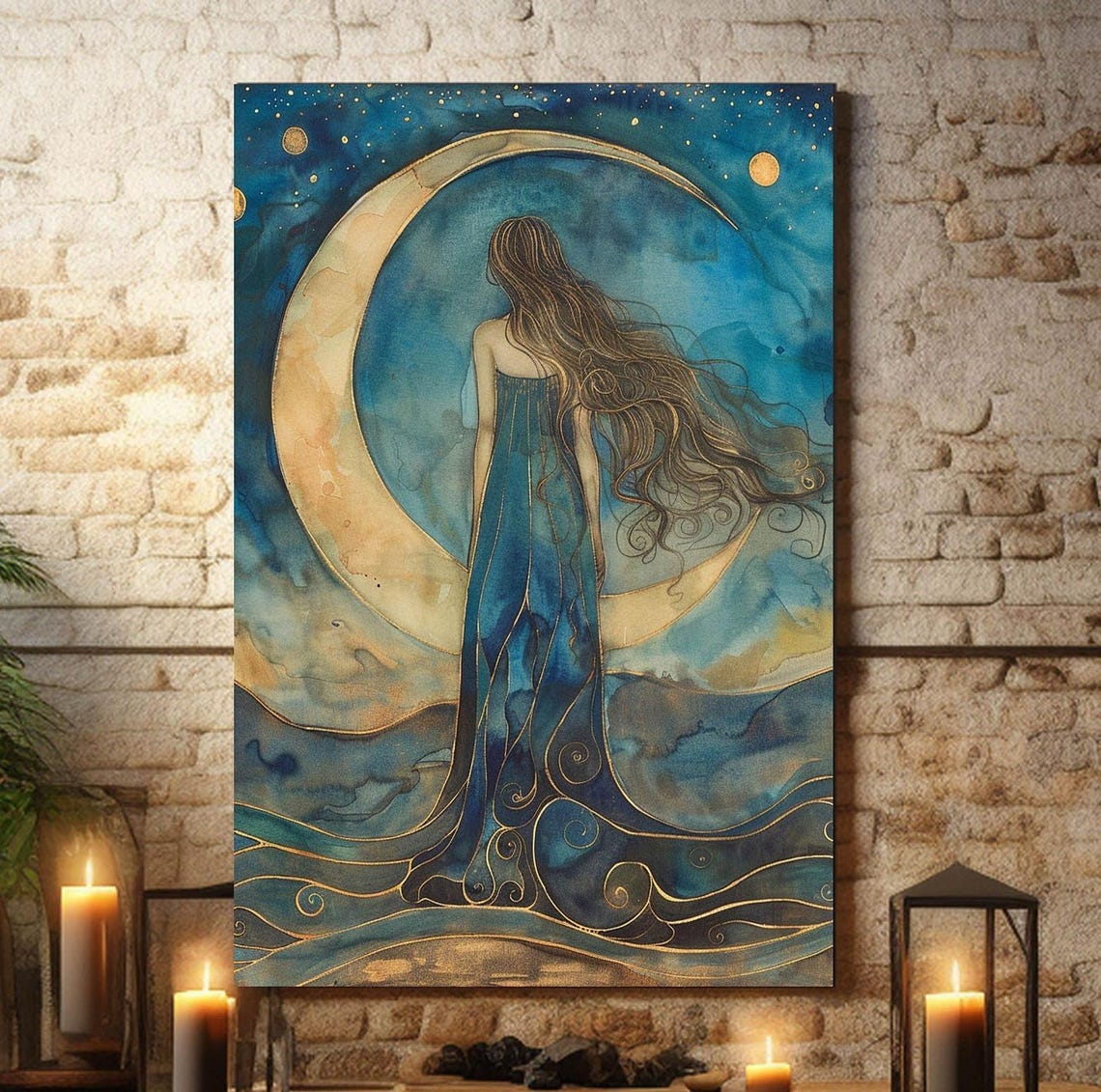 Crescent Moon Goddess Flowing Teal Gown Watercolor Art Poster